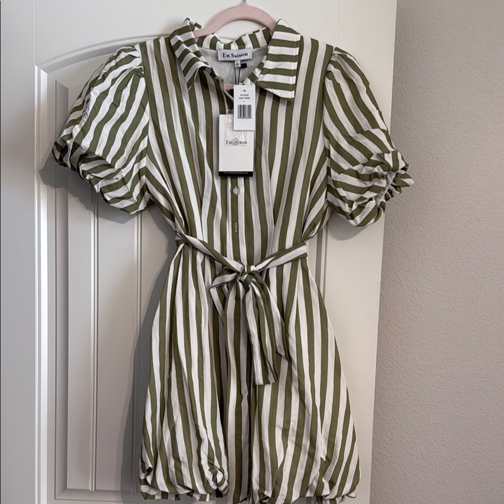En Saison Olive and White Striped Mini Dress